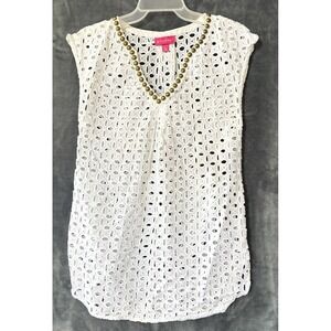Lilly Pulitzer Target Blouse Tunic Coverup Womens XS White Eyelet Studs V Neck